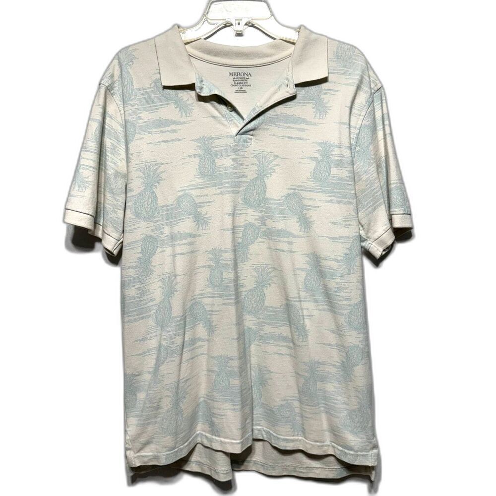 Merona Polo Classic Fit Cotton Shirt Cream & Blue Pineapples Collar Men sz Large